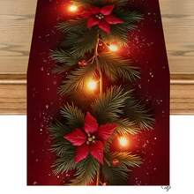 1 pieza Bandera de mesa decorativa con rama de pino navideña y farol rojo, de poliéster. Diseño de patrón realista y duradero. Bandera de mesa perfecta para decorar la fiesta de Navidad familiar, la mesa del hogar. Suministros de decoración para Año Nuevo 2026, decoración navideña, adornos navideños, regalos de Navidad, decoraciones navideñas para el hogar 2026