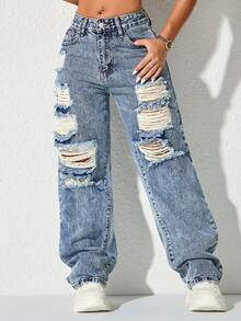 Y2K Carnival Street Purple High Waist Side Pocket Straight Leg Jeans - Dark Wash - View 4