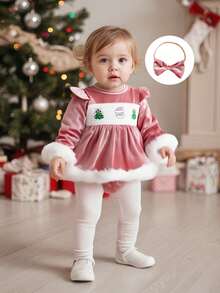 Baby Girls 2Pcs Christmas Outfits Long Sleeve Velvet Romper Dress with Headband Set Newborn Clothes - Rosa - Ver 3