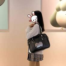 Kawaii Ita Bag Japanese School Bag Cute Tote Bag Large Shoulder Anime Heart Purse - Pu Black With Straps - View 2