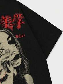 Grunge Punk Camiseta casual de manga corta de verano para hombres con impresión de letras y personajes, escuela - Negro - Ver 7