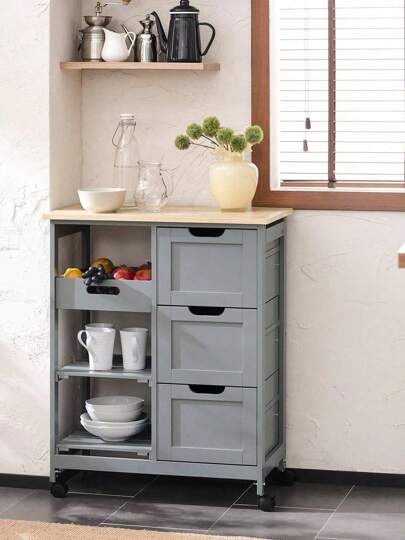 SoBuy FKW79 HG, Kitchen Trolley Cart Storage Serving Drawers Removable Tray, Grijs