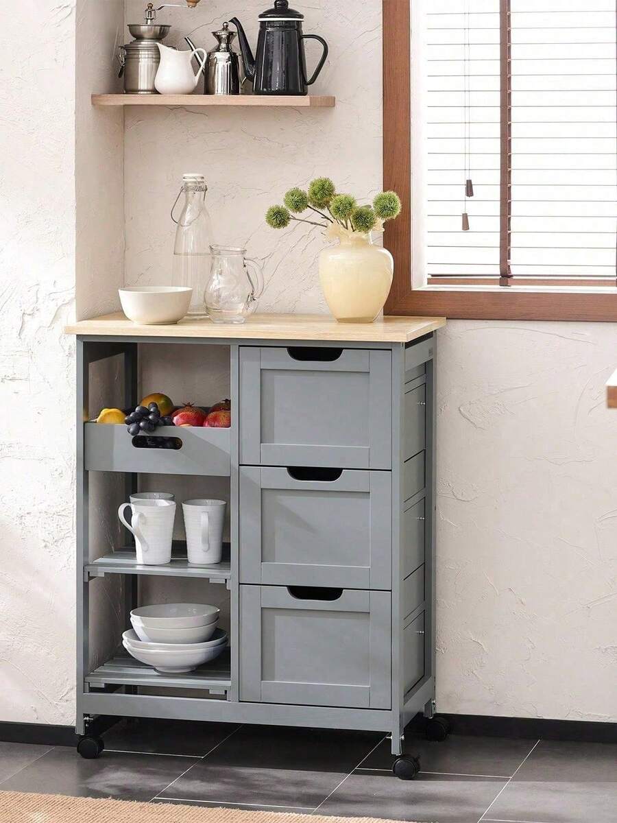 SoBuy FKW79-HG, Kitchen Trolley Cart Kitchen Storage Trolley Serving Trolley With 3 Drawers And Removable Tray, Grey