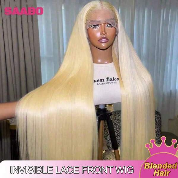 34Inch 613 Blonde Lace Front Wig Human Blended Hair 13x4 Transparent Lace Straight Blonde Lace Front 613 HD Lace Frontal Wig 200% Density Pre Plucked With Baby Hair Blonde Colored Hair 8-34 Inch Wig