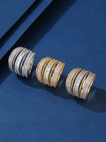 1pc Women's Copper Plated Simple Splice Gold Ring With Inlaid Rhinestones, Stylish Design, Suitable For Gift, Everyday And Holiday Wear - 011278 - View 7