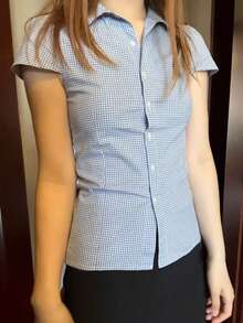 Mùa tốt nghiệp của các quý cô mùa hè này thật tinh khiết và thanh lịch. Đây là chiếc áo sơ mi tay ngắn đa năng có ve áo kẻ caro có thể mặc ở nhà và ra ngoài - Màu xanh lam - Xem 6