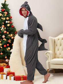 Adult Men's Cartoon Shark One-Piece Pajamas, Autumn And Winter Thickened Animal One-Piece Pajamas, Hooded Warm Home Clothes, Halloween Costumes, Christmas Role-Play Party Costumes - 深灰色 - 查看 1