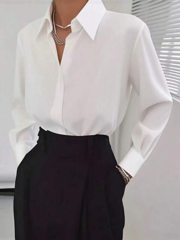Women's Solid Color Shirt, Preppy College Casual Elegant Office Commute Simple Style Front Button Long Sleeve Blouse, Suitable For Students Back To School, Holiday Gatherings, Office Daily, Commuting, Airport Outfit