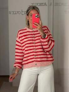 Women's Retro Striped Cardigan, Casual Daily Wear, Suitable For Spring/Autumn/Winter, Ideal For Valentine's Day Outfit - Red - View 3