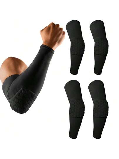 4pcs Padded Elbow Forearm Sleeves Compression Arm Protective Support, Padded Arm Sleeves, Hand & Arm Pads,  Sports Elbow Guards, Summer Outdoor Sports Black Elbow Guards, Arm Guards With Thickened Compression Protective Cover Shape, Wrist Guards, Cycling, Fishing, Hiking, Running Sleeves, Suitable For Running, Basketball, Volleyball Dance, Fitness, Non-Slip And Warm.