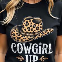 Ladies' 180g Black Cotton Short Sleeve Round Neck Cowgirl Up Graphic Tee With Leopard Print Cowboy Hat Design - Stylish Western Country Fashion T-Shirt For Women - Comfortable Summer Casual Top - Black - View 10