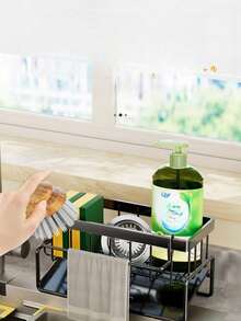 1 pieza Soporte de esponja de plástico para fregadero de cocina, escurridor de platos, estante extraíble para paños, estante de almacenamiento de plástico multifuncional para esponja, jabón y cepillo, dispensador de jabón y soporte para cepillo de baño, accesorios de cocina - Multicolor - Ver 11