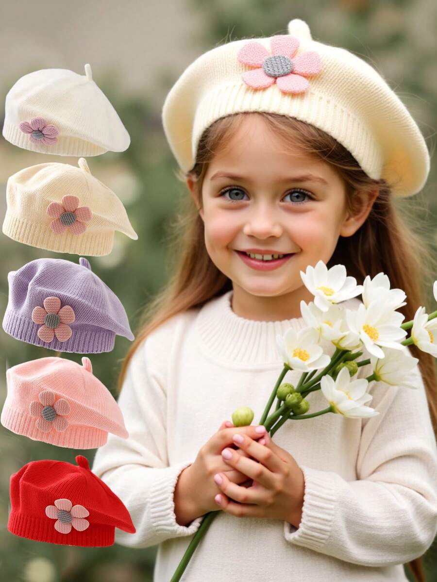 1件装宝宝毛线帽英伦复古街头风秋冬女童可爱花朵贝雷帽针织艺术画家帽百搭帽子1-4岁女童 - 彩色 - 查看 1