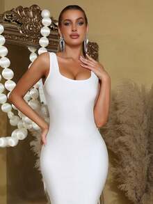 New Sexy Backless Zipper Design Bandage Dress, Women's Plus Size Sleeveless Fitted Knee-Length Bandage Dress, Women's Wedding/Bridesmaid/Party/Formal Occasion Dress - White - View 8