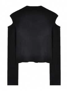 Women's Solid Color Round Neck Fitted Knit Long Sleeve Tight Top, Versatile Black Sweater - Black - View 8