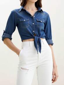 Plain    Casual  Cute    Cotton    Button Front  Pocket    Denim Shirt  Travel  Daily    Spring Summer Fall  Roll Up 3/4 Sleeve  Front Knot - 寶藍色 - 查看 3