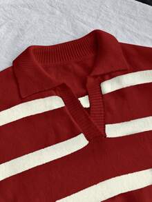 Áo len dài tay cổ polo phối màu tương phản kẻ sọc kiểu retro mùa xuân & thu mới, áo chui đầu dáng rộng cài nửa cổ điển dành cho nữ, thích hợp cho năm mới. - Rượu vang đỏ đặc biệt và trắng ngọc trai - Xem 3