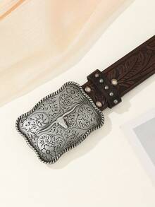 1 Wide Belt For Women Cross 3.8cm Wide Retro Style Animal Cow Head Oval Western Buckle For Women Black Waistband For Women - Nhiều màu - Xem 3