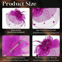 Fascinators Hats Women Tea Party Hat Mesh Headband Vintage Lace Cocktail Headwear Hair Clip Church - 玫紅色 - 查看 2