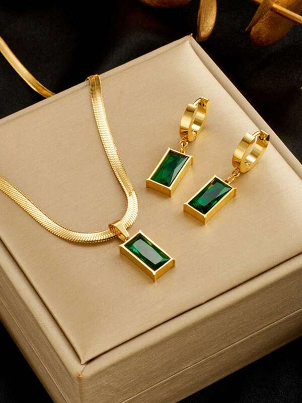Set de 3 piezas de collar y aretes cuadrados de acero inoxidable con cristal verde y circonita cúbica para hombres, resistente al agua y a la decoloración, adecuado para uso diario, fiestas y reuniones, gran regalo para familiares, parientes y amigos