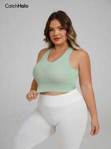 Catch Halo High Impact 4-Way Stretch Plus Size Sport Bra For Women - Scoop Neck & Built In Bra & Twist Back & Wide Shoulder Straps Workout Bra Curve | Slimming Figure Contour High Support Cropped Cami Top | Quick Dry Zero Bounce Workout Bra For Yoga, Pilate, Running, Gym, Cycling (Mint Green, 0XL~3XL)