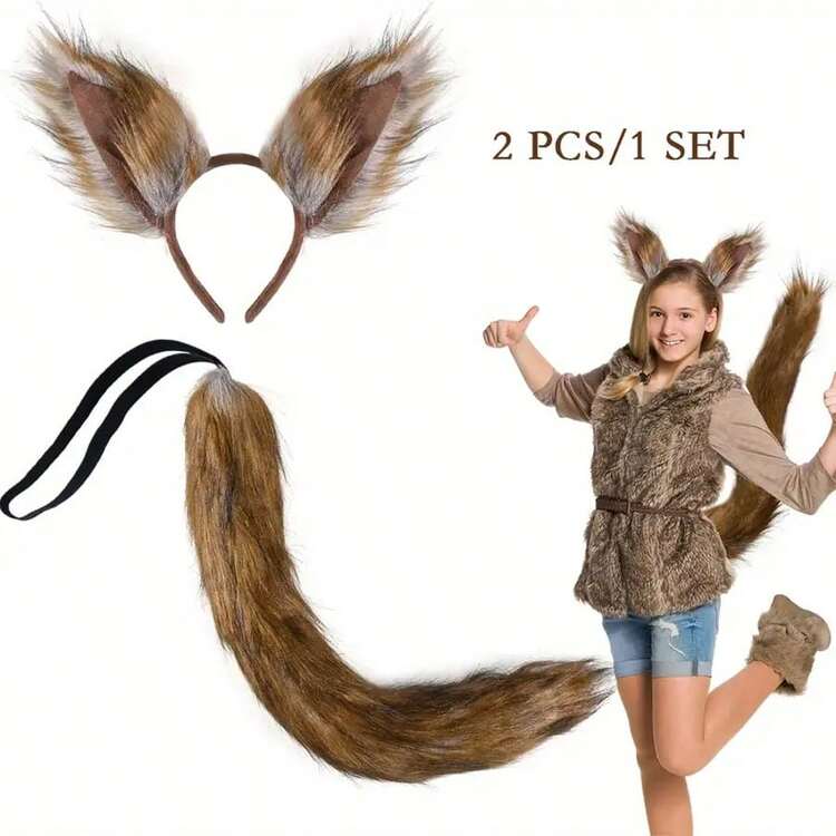2 件复古棕色毛绒仿皮狐狸耳朵头带和尾巴套装，可爱的万圣节服装派对舞台表演道具 - 彩色 - 查看 3
