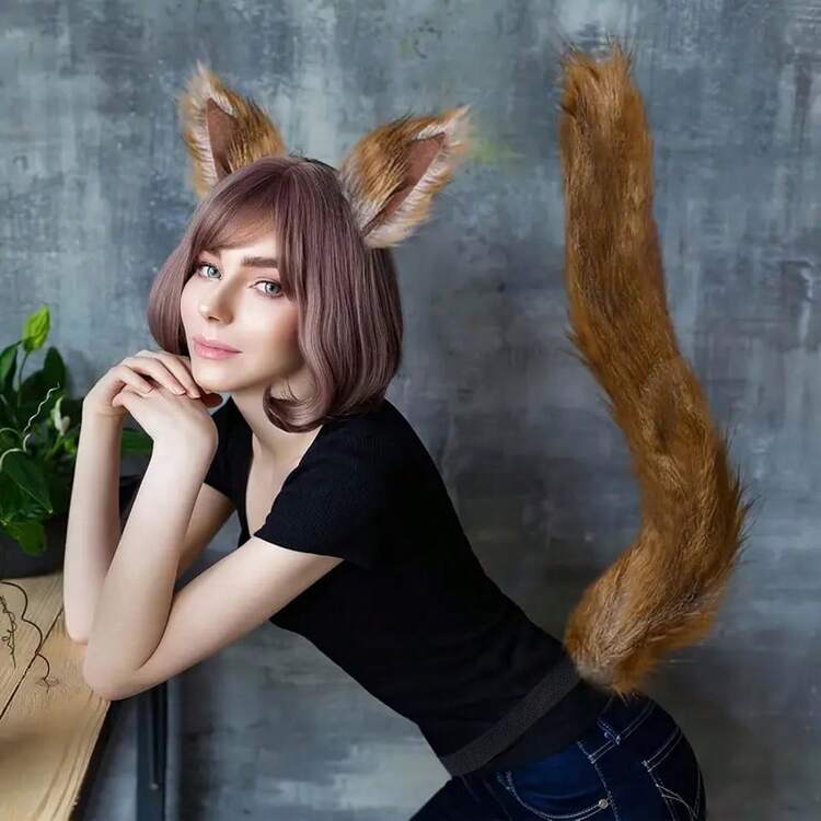 2 件复古棕色毛绒仿皮狐狸耳朵头带和尾巴套装，可爱的万圣节服装派对舞台表演道具 - 彩色 - 查看 6
