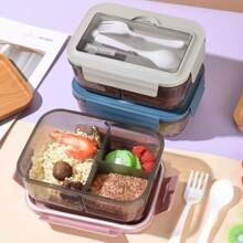 1 Set quadratische einfarbige Fach-Lunchbox mit Deckel & Besteck, wiederverwendbare mikrowellengeeignete Kunststoff-Bento-Box für Büromitarbeiter, Studenten, Partys, Outdoor, Camping, Picknicks, Snacks