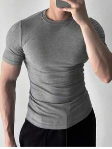 Men's Ribbed American Style T-Shirt..SLIM FIT MODEL - 灰色 - 查看 2