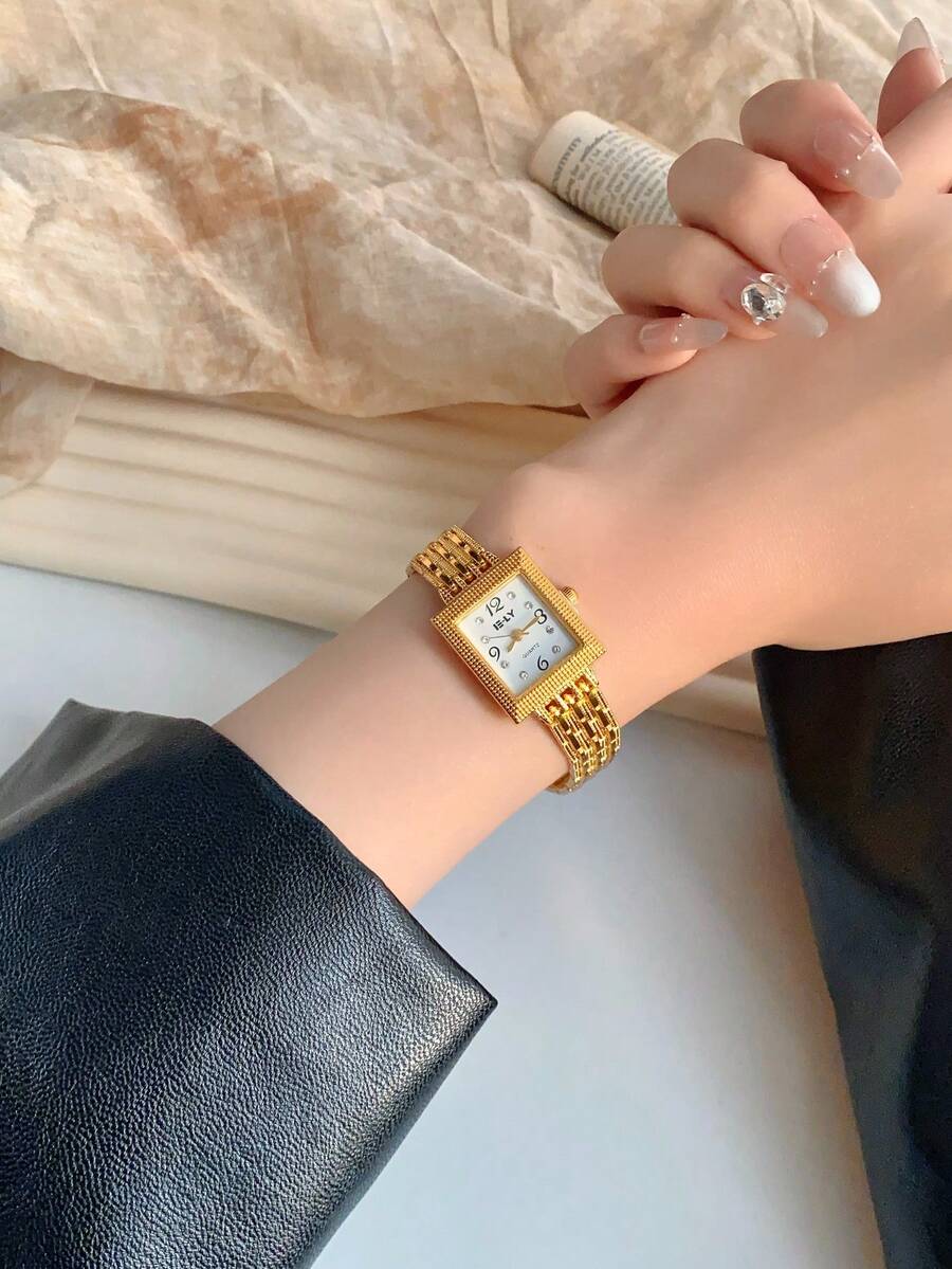 1pc NEW Fashion Simple Polygons Small Gold Dial Quartz Watch For Women, Suitable For Daily Matching, Birthday ,Prom