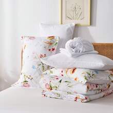 7-Piece Floral Print Fashionable Printed Bed Comforter Set, Queen Size, Soft, Comfortable And Durable Summer Bedding Set, Hotel Room Decor, Holiday Gift, Including 1 Comforter, 1 Flat Sheet, 2 Pillowcases, 2 Pillowshams, 1 Fitted Sheet - 白色 - 查看 11