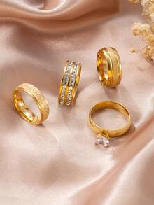 4/5pcs Fashionable & Elegant Stainless Steel Gold-Tone Women Rhinestone Ring Set, Suitable For Daily Wear, Festivals, Dates, Engagements, Weddings, Gift For Lover, Friend, Family - Gold - View 2