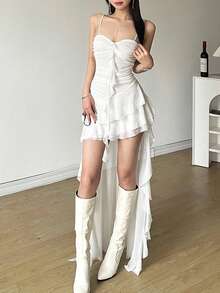 Váy hai dây trễ vai thời trang cạp cao ôm sát màu trơn Dazzle - trắng - Xem 5