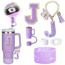 (No Cups) 6-Cup Accessory Set (Purple), Suitable For Cups With Handles, Including Silicone Straw Top LIDS, Cap LIDS And Boots, Anti-Overflow Stoppers, Handle Pendants, First-Letter Stickers, Creative For Girls And Boys