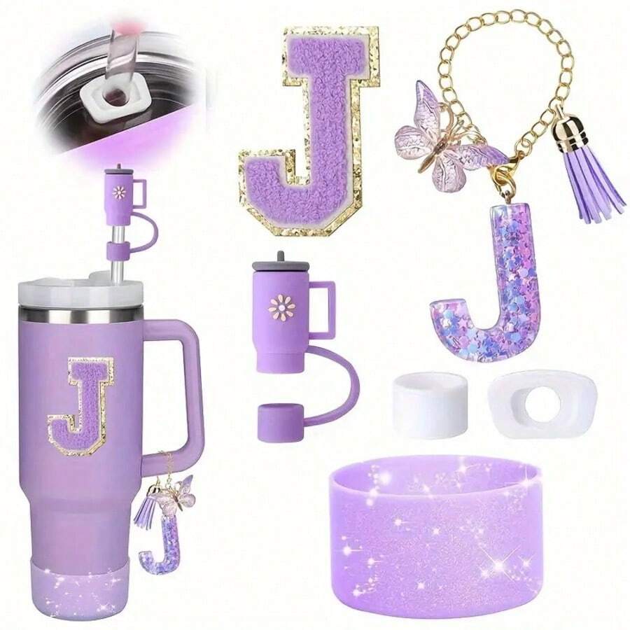 (No Cups) 6-Cup Accessory Set (Purple), Suitable For Cups With Handles, Including Silicone Straw Top LIDS, Cap LIDS And Boots, Anti-Overflow Stoppers, Handle Pendants, First-Letter Stickers, Creative For Girls And Boys