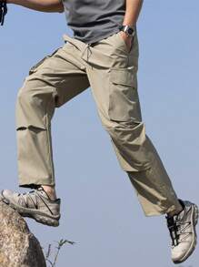 男士直筒多口袋工装裤，宽松休闲运动裤，防风防水户外徒步裤 - 卡其色 - 查看 1