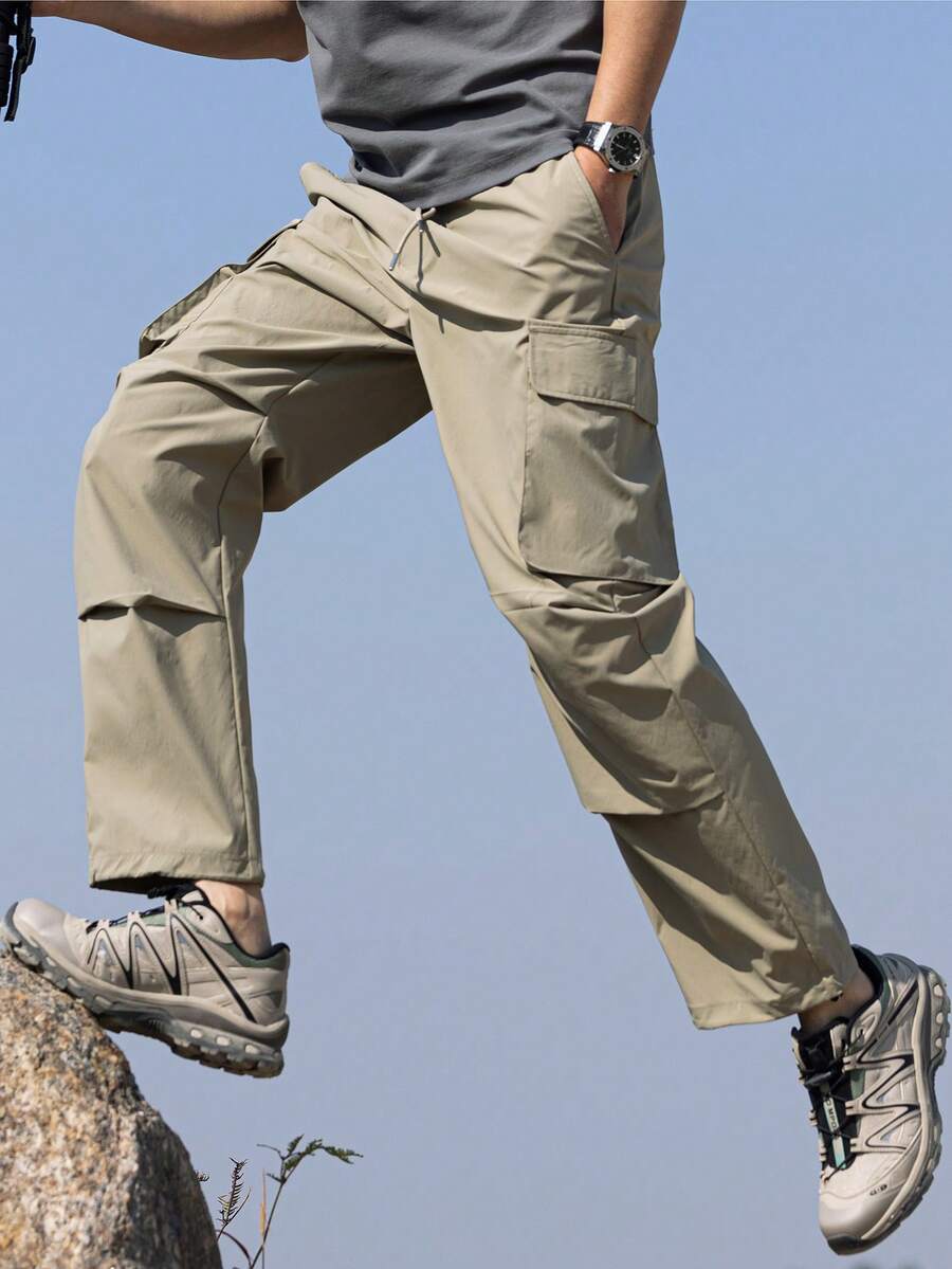 男士直筒多口袋工装裤，宽松休闲运动裤，防风防水户外徒步裤 - 卡其色 - 查看 1