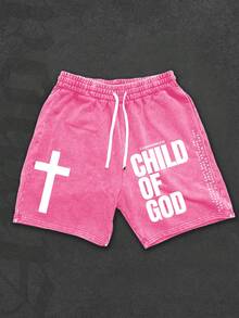 Men's Graphic Washed Shorts, Vintage Letter Print Casual Cotton Drawstring Shorts - Màu Hồng Tươi - Xem 1