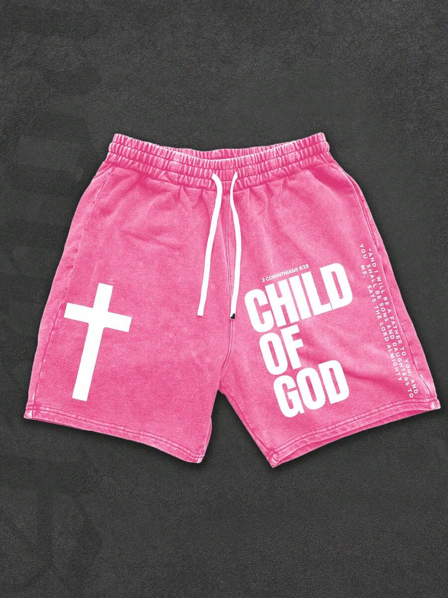 Men's Graphic Washed Shorts, Vintage Letter Print Casual Cotton Drawstring Shorts - Màu Hồng Tươi - Xem 1