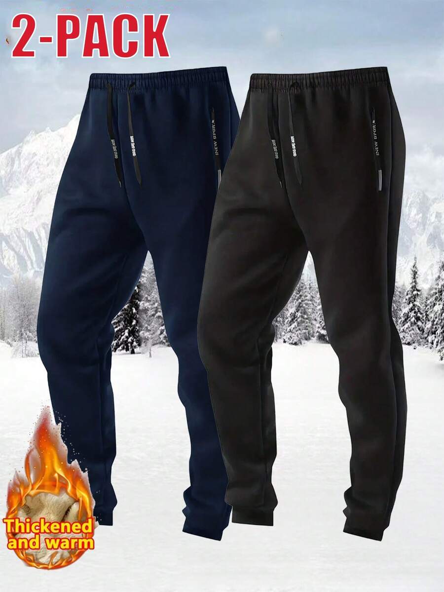 2pcs Men's Autumn/Winter Thermal Lined Elastic Waist Sweatpants, Breathable Simple Design,Fleece