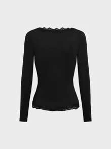 Black Lace Trim V-Neck Form-Fitting Slim Camisole Long Sleeve Top - Black - View 4