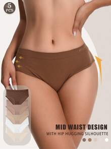 5Pcs Seamless Panties Mid Waist Maillard Color Women's Briefs Lifting Buttock High Elasticity Panty Comfortable & Breathable Woman Lingerie Ladies Flat Belly Sheath Underwear