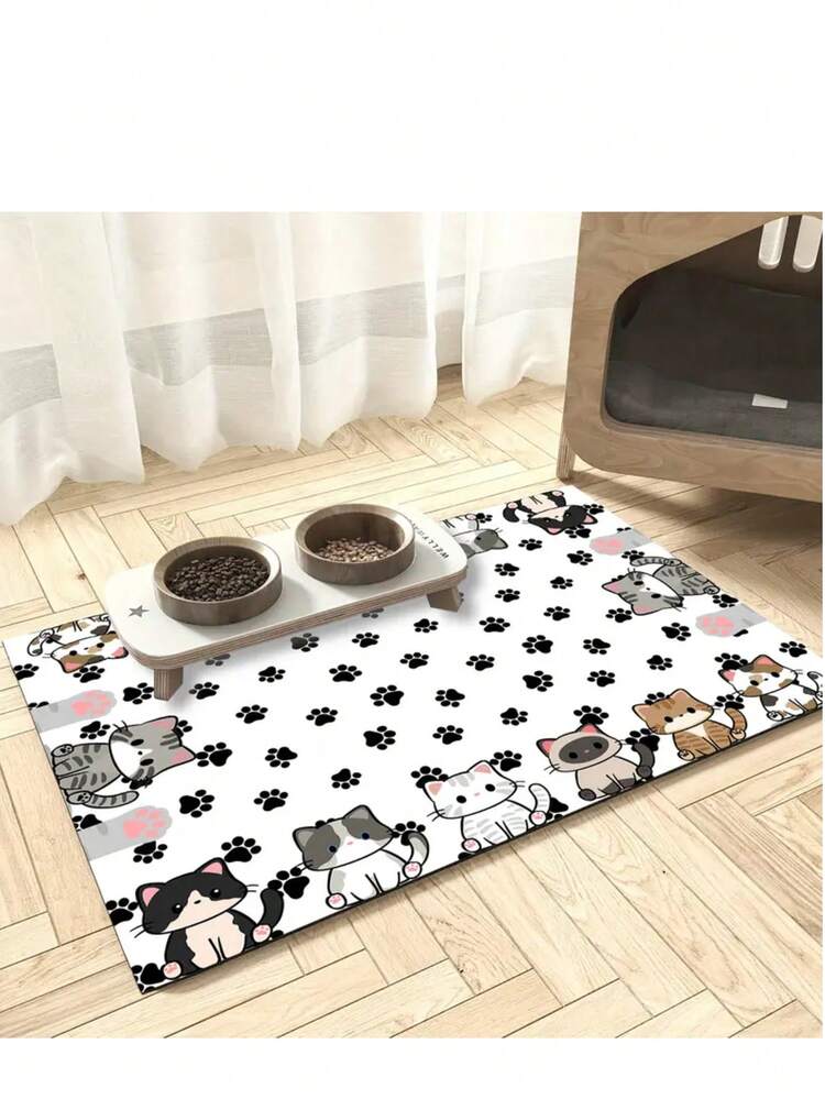 1 Piece, Simple Style Cute Cat Pattern Pet Feeding Mat, Reusable, Easy To Clean, Multifunctional Water Absorbing Quick Drying Dog Food Bowl Mat, Indoor And Outdoor Universal Pet Food Mat, Home Decoration Accessory, Suitable For Independence Day, Christmas, Halloween - Multicolor - View 7