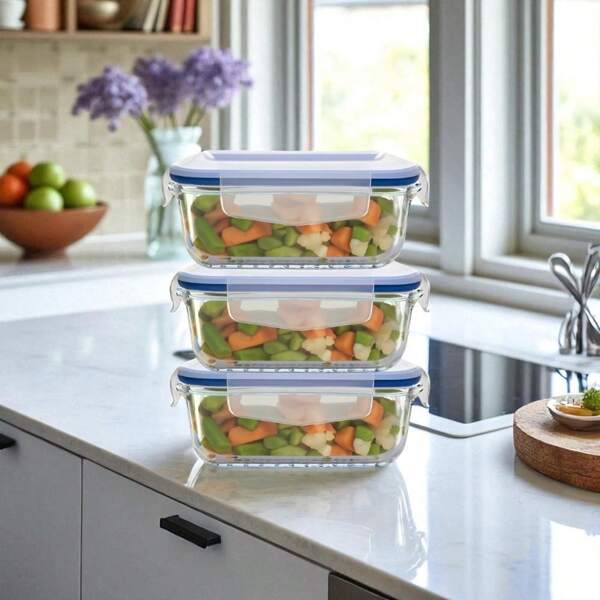 3 Kits Potes Vidro Herméticos Retangular Canelado 640 ML