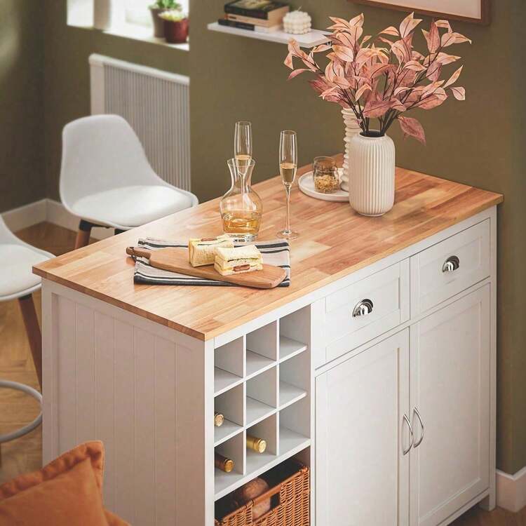 SoBuy KNL05-W, Kitchen Island Kitchen Cabinet Cupboard Sideboard With 2 Rattan Baskets, Kitchen Breakfast Dining Bar Table - 白色 - 查看 8