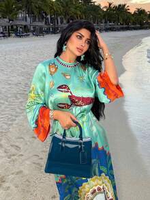 Fashionable Bohemian Vacation Style Tropical Casual Tie-Dye Print Dress Elegant Spring - Blue - View 1