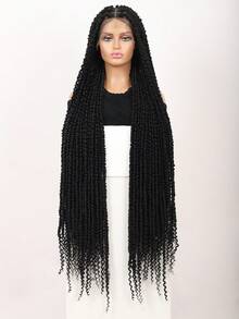 女士方形无结弹簧扭辫假发，超长46英寸，全双层蕾丝前扭辫假发，带婴儿发，合成编织假发，热情扭辫假发，波西米亚卷发尾 - 彩色 - 查看 12