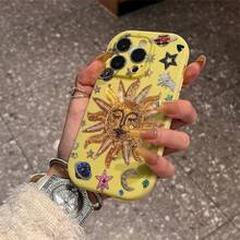 Light Pink Silicone Phone Case With Artistic Sun & Celestial Elements (Embroidered Sun, Stars, Planets, Hand - Crafted Style) - Stylish, Shockproof, Thick Protective Cover For IPhone 16/16 Pro/16 Plus/16 Pro Max/15 Pro Max/13/14/12