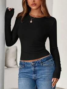Women Spring And Fall Long Sleeve Shirts Ribbed Crewneck Fitted Basic Tee Going Out Tops Casual Workout Vacation Outfits - 黑色 - 查看 3