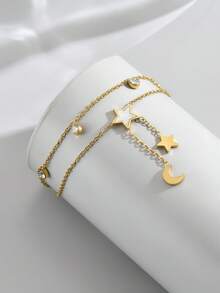 1 件女士金色不锈钢双层星月珍珠流苏脚链，时尚珠宝，18K 镀金，节日礼物 - 金色 - 查看 2